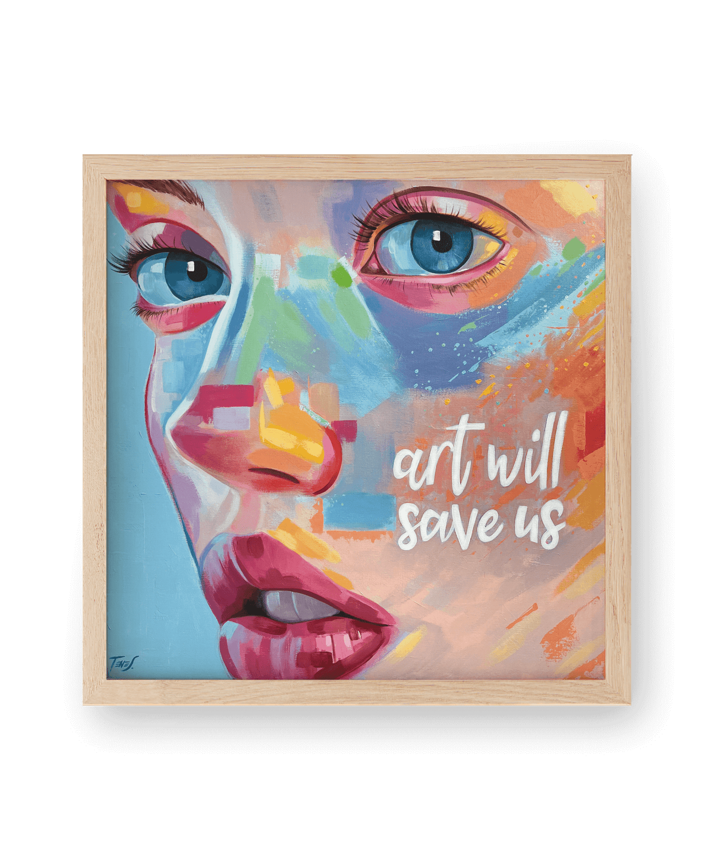 High quality print of 'Art We Save Us' by Jaume Tenes, a figurative acrylic painting celebrating art’s power to inspire and uplift.