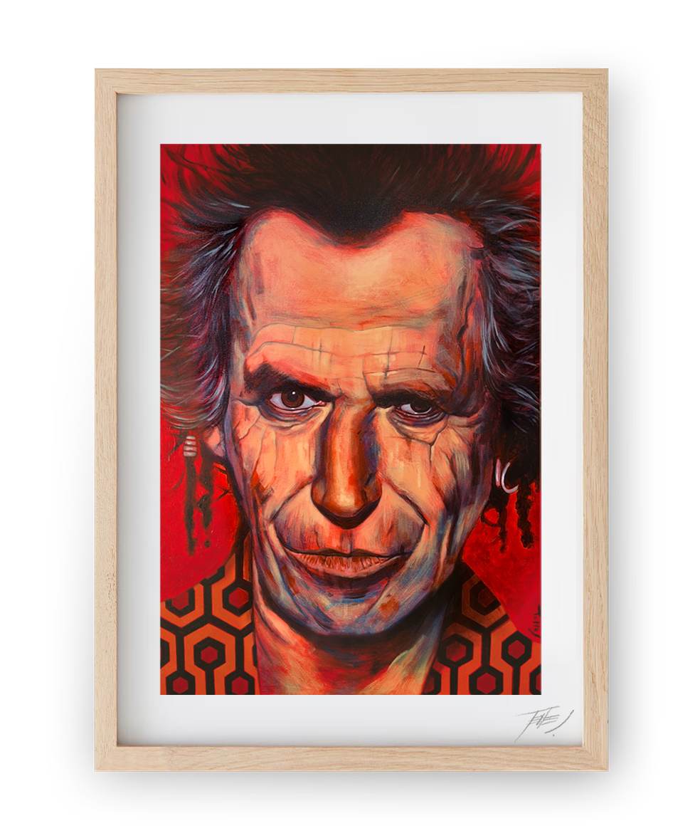 High quality print of Keith Richards, Rolling Stones guitarist, in an acrylic portrait by Jaume Tenes, capturing his intensity and rock style.