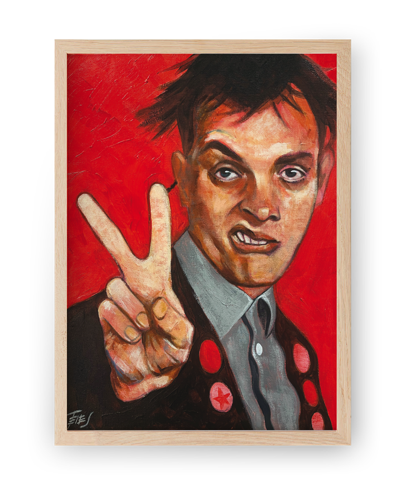 High quality print of Rick Mayall from 'The Young Ones,' a portrait by Jaume Tenes, capturing the comedian’s unique spirit.