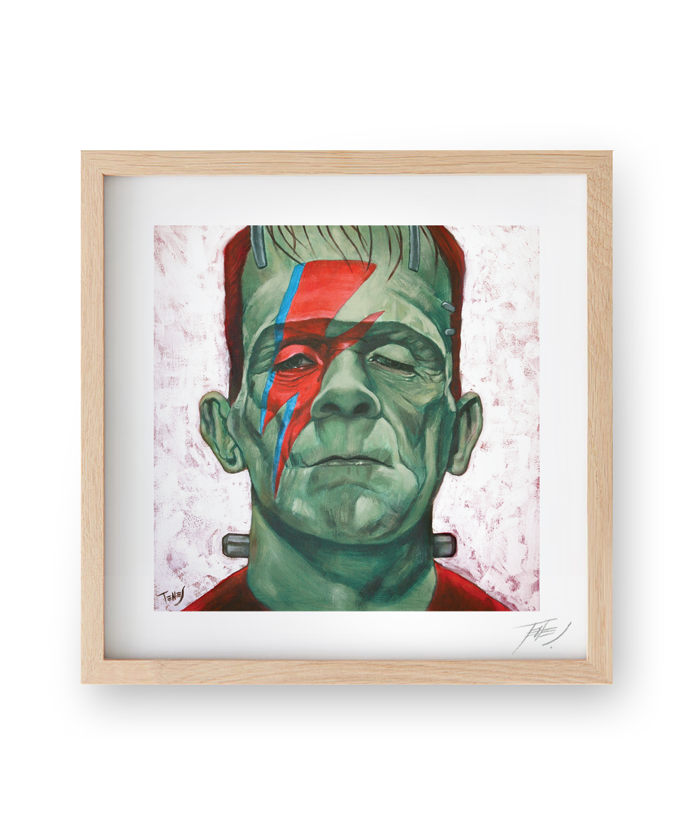 High quality print of Jaume Tenes’ painting of Frankenstein as portrayed by Boris Karloff, featuring David Bowie’s iconic lightning.