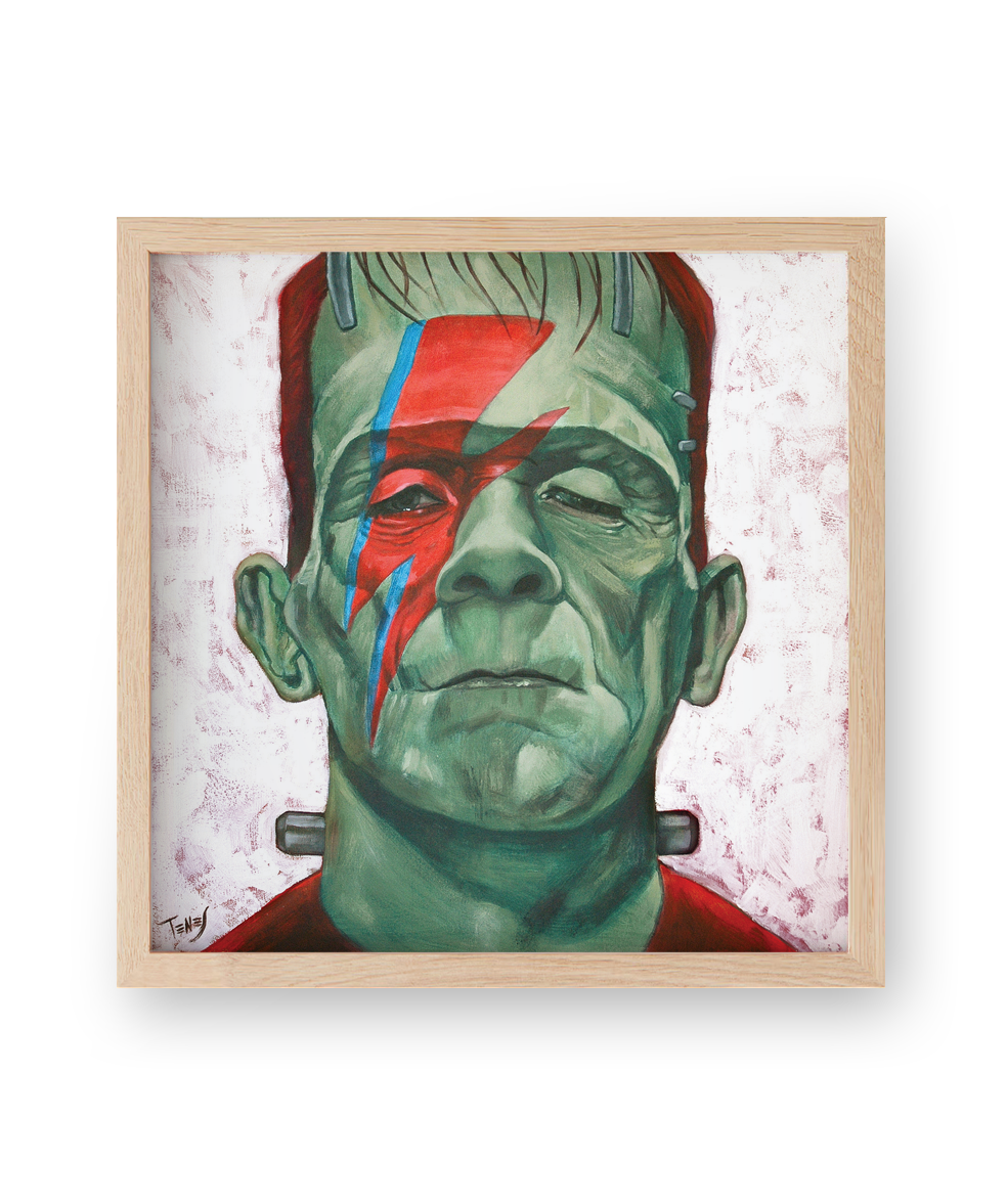 High quality print of Jaume Tenes’ painting of Frankenstein as portrayed by Boris Karloff, featuring David Bowie’s iconic lightning.