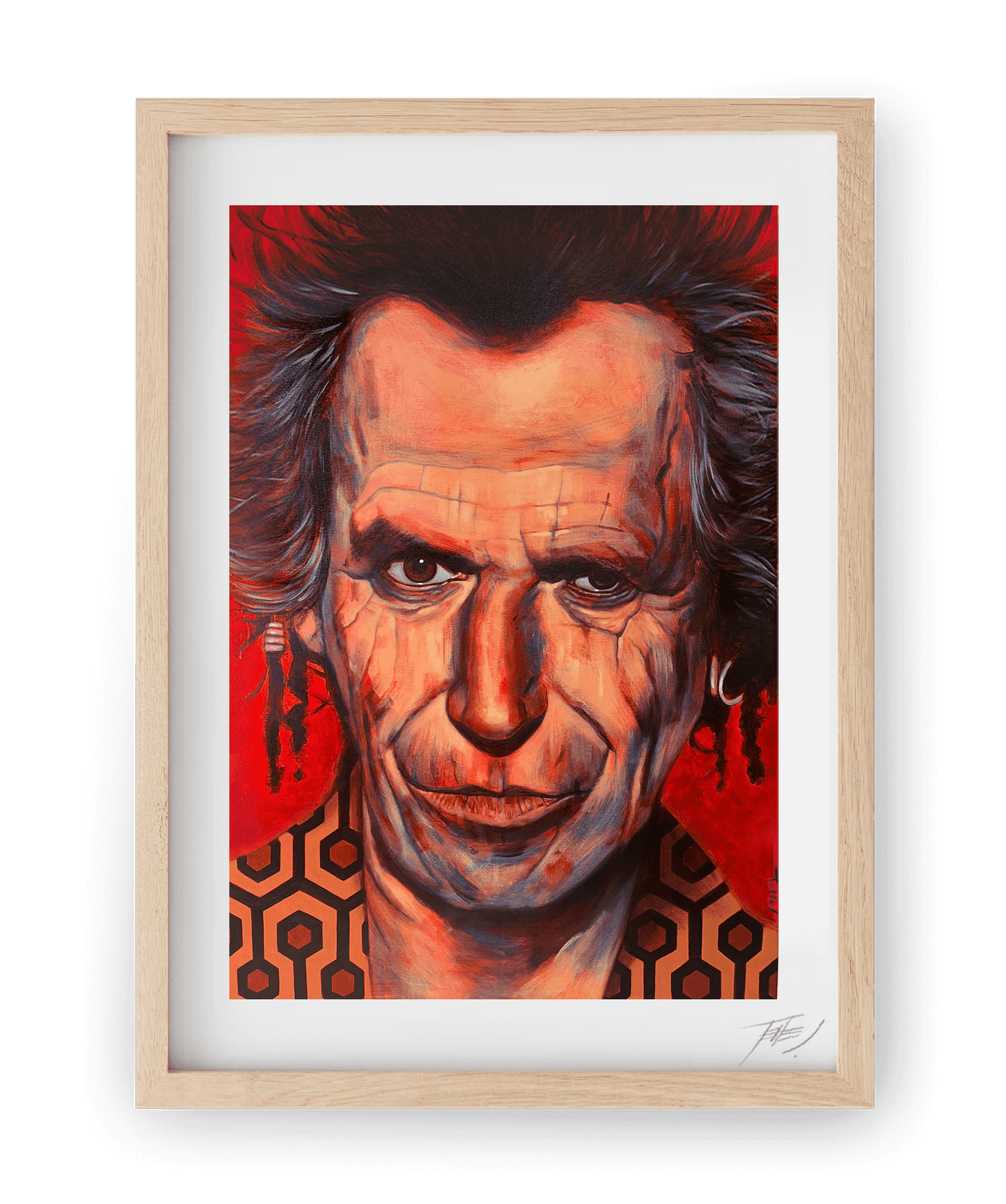 High quality print of Keith Richards, Rolling Stones guitarist, in an acrylic portrait by Jaume Tenes, capturing his intensity and rock style.