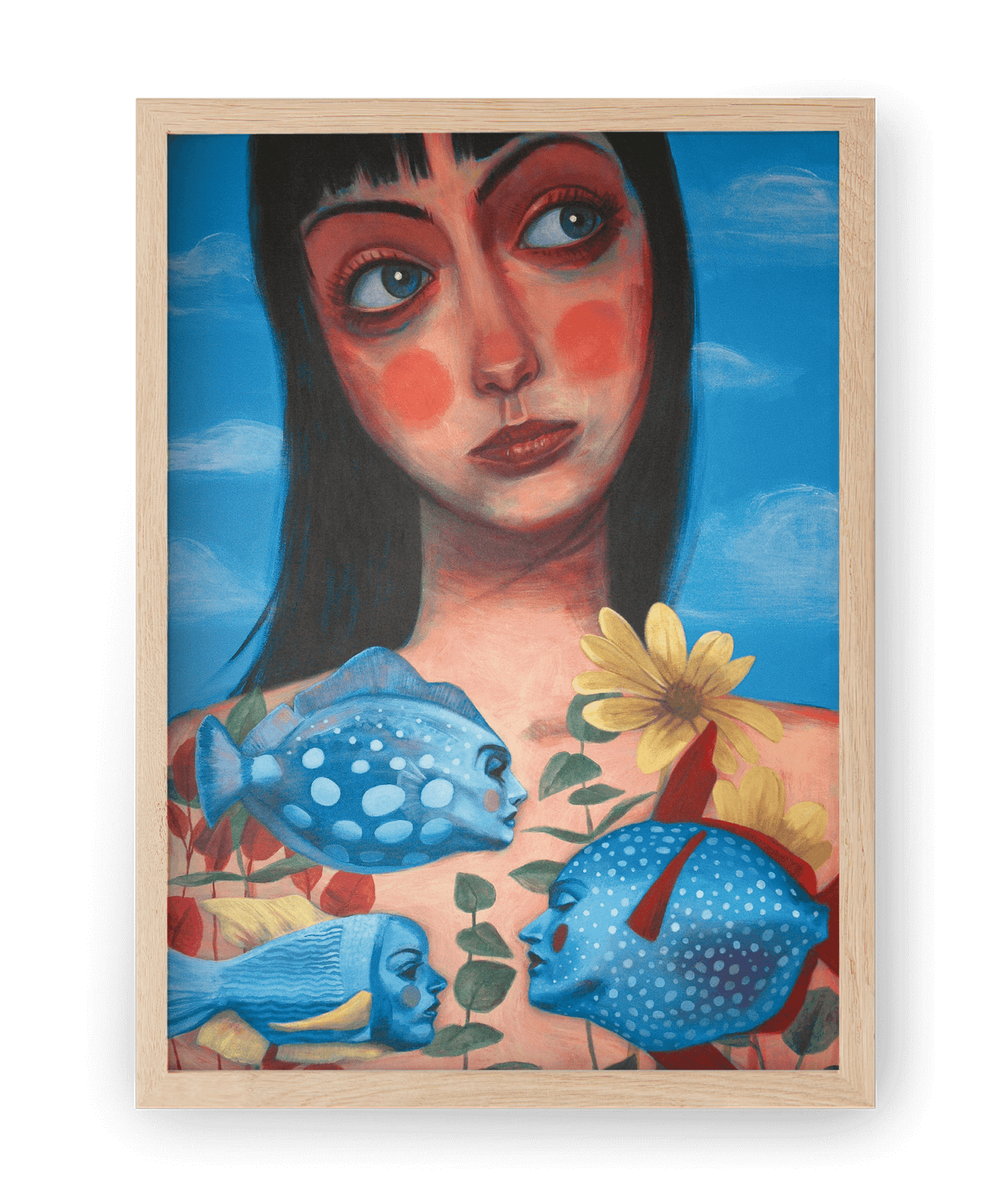 High-quality print of Morning, a figurative acrylic by Jaume Tenes, inspired by Monty Python's fishbowl scene from The Meaning of Life.