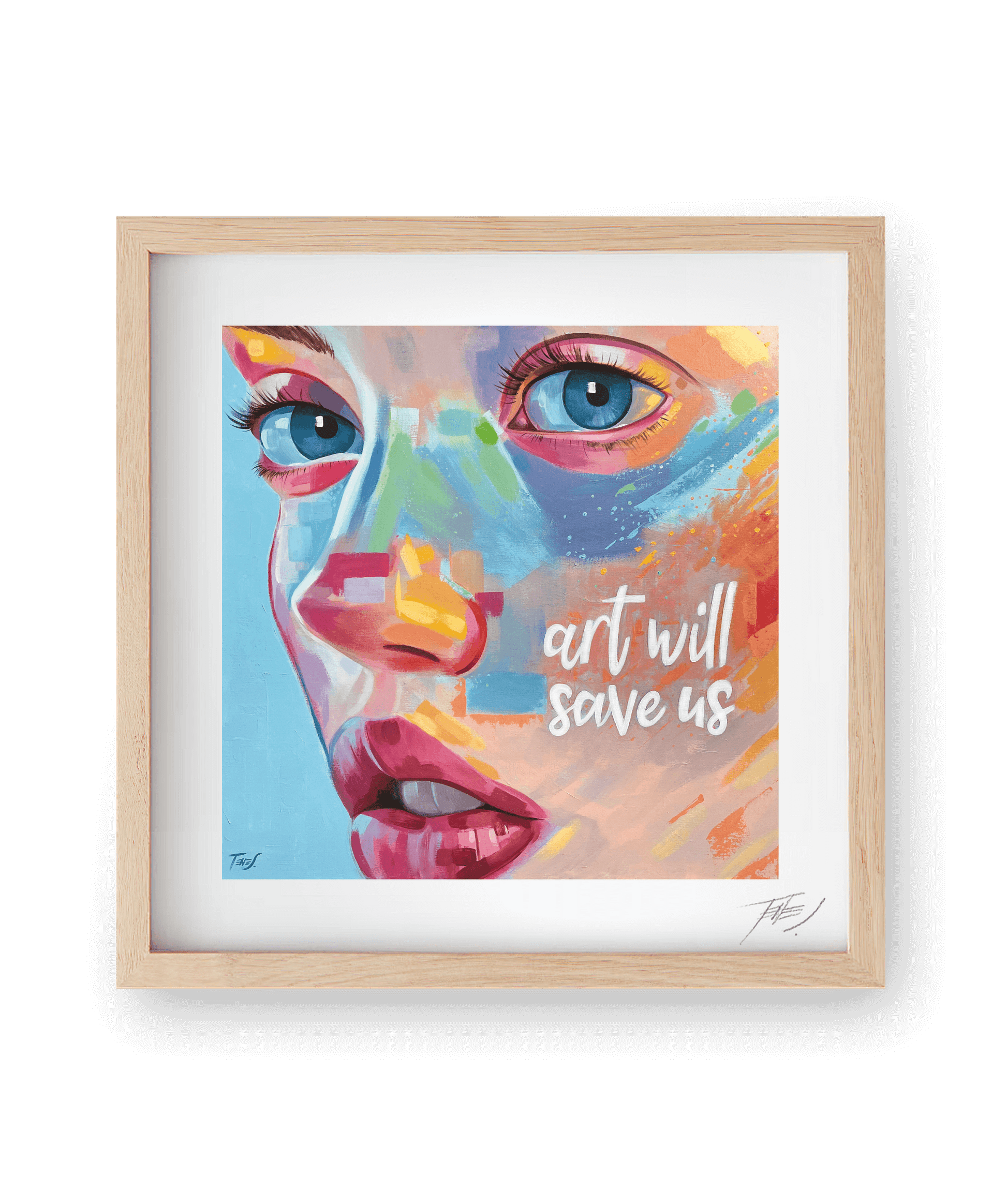 High quality print of 'Art We Save Us' by Jaume Tenes, a figurative acrylic painting celebrating art’s power to inspire and uplift.