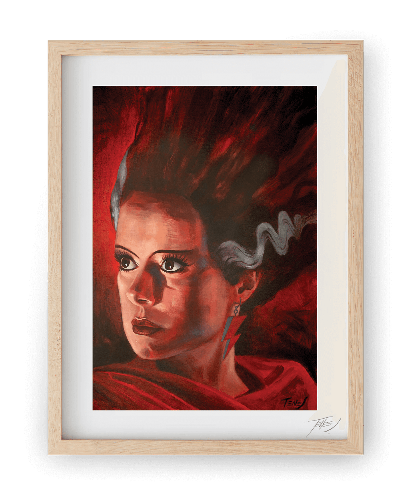High quality print of the Bride of Frankenstein, reimagined with David Bowie’s iconic lightning bolt, in an acrylic portrait by Jaume Tenes.