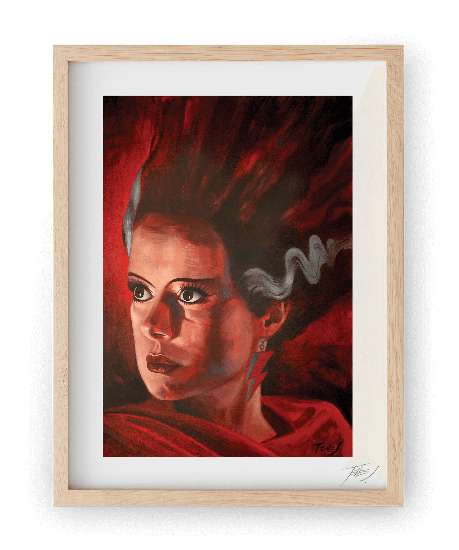 High quality print of the Bride of Frankenstein, reimagined with David Bowie’s iconic lightning bolt, in an acrylic portrait by Jaume Tenes.