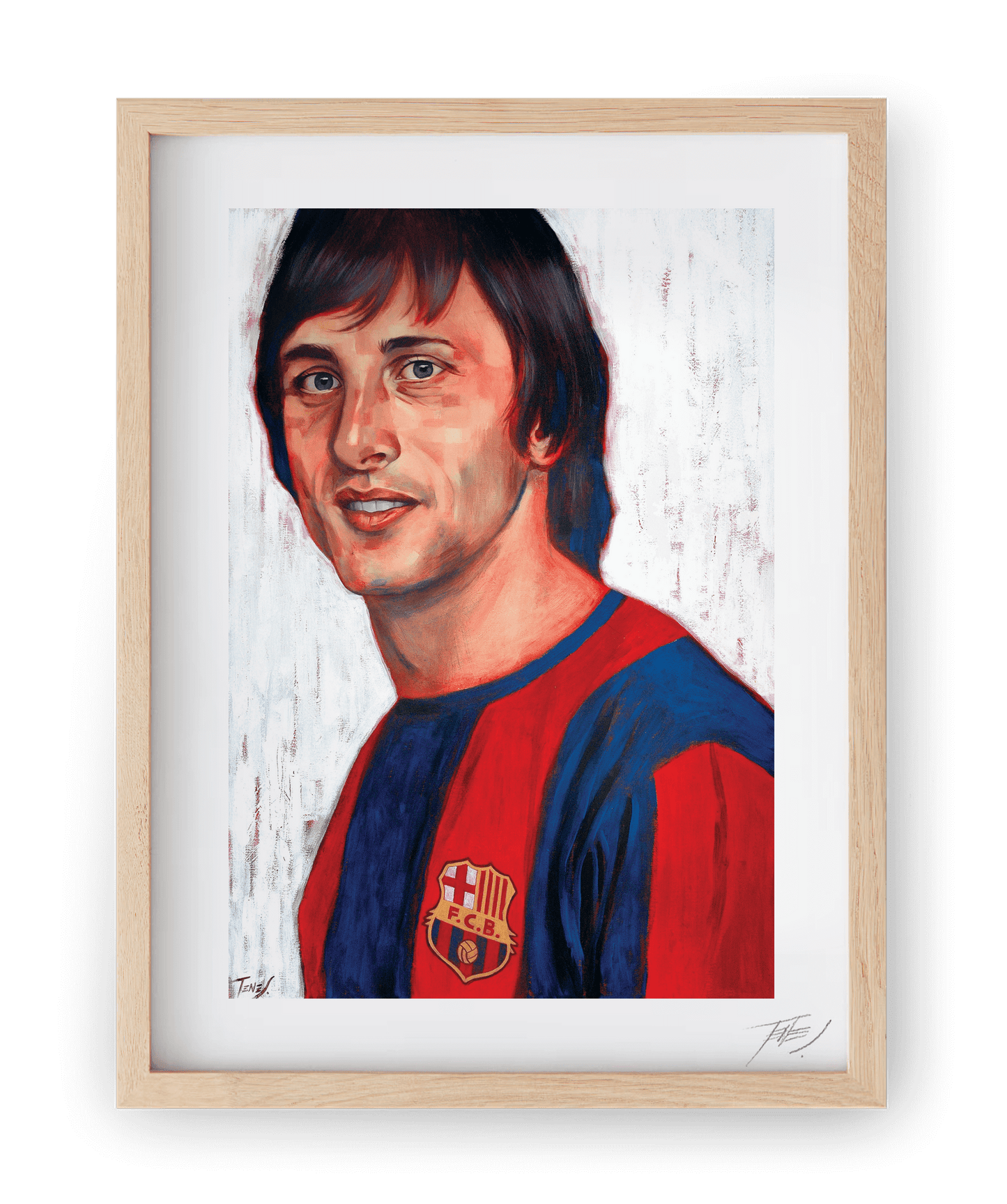 High quality print of Jaume Tenes’ figurative acrylic painting portraying Johan Cruyff, legendary FC Barcelona player.