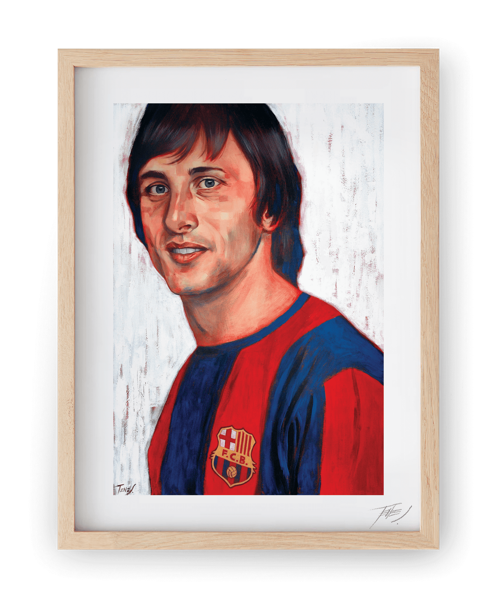 High quality print of Jaume Tenes’ figurative acrylic painting portraying Johan Cruyff, legendary FC Barcelona player.