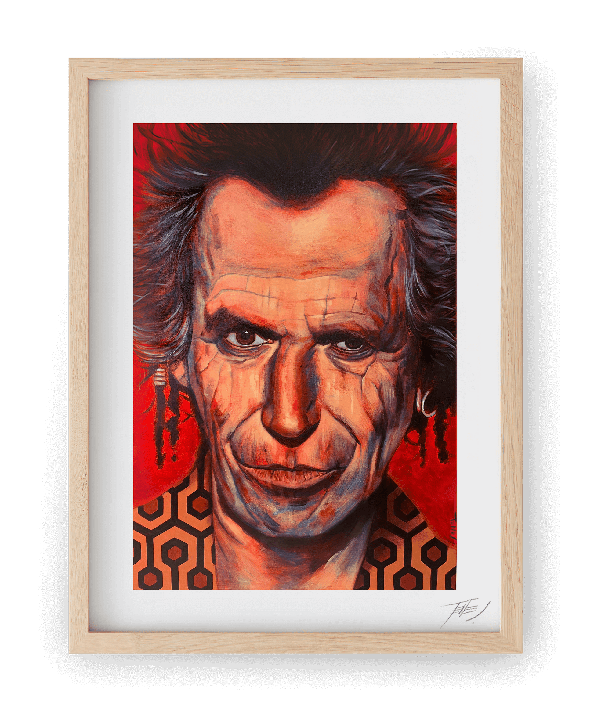 High quality print of Keith Richards, Rolling Stones guitarist, in an acrylic portrait by Jaume Tenes, capturing his intensity and rock style.