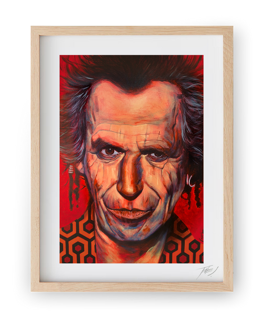 High quality print of Keith Richards, Rolling Stones guitarist, in an acrylic portrait by Jaume Tenes, capturing his intensity and rock style.