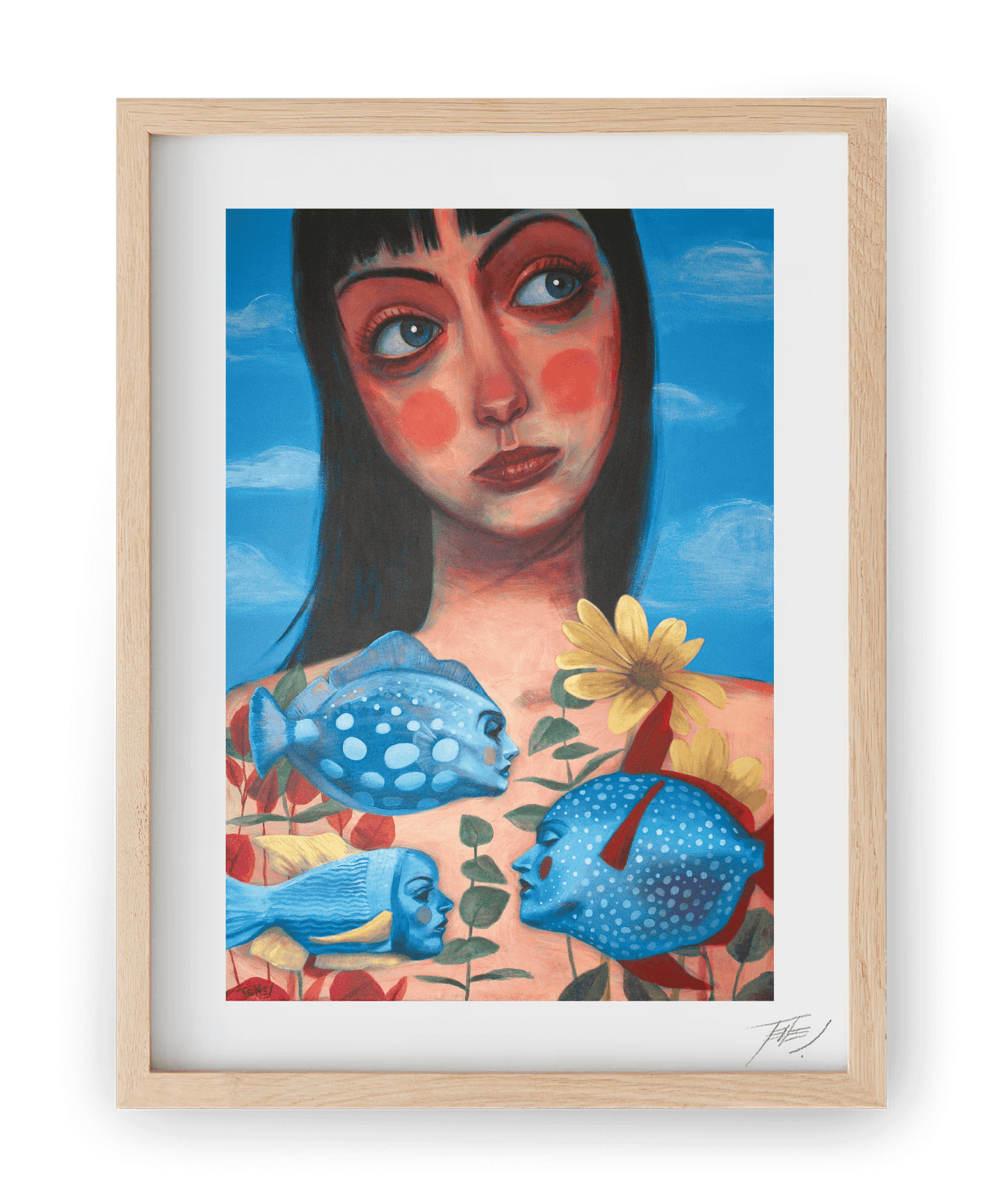 High-quality print of Morning, a figurative acrylic by Jaume Tenes, inspired by Monty Python's fishbowl scene from The Meaning of Life.