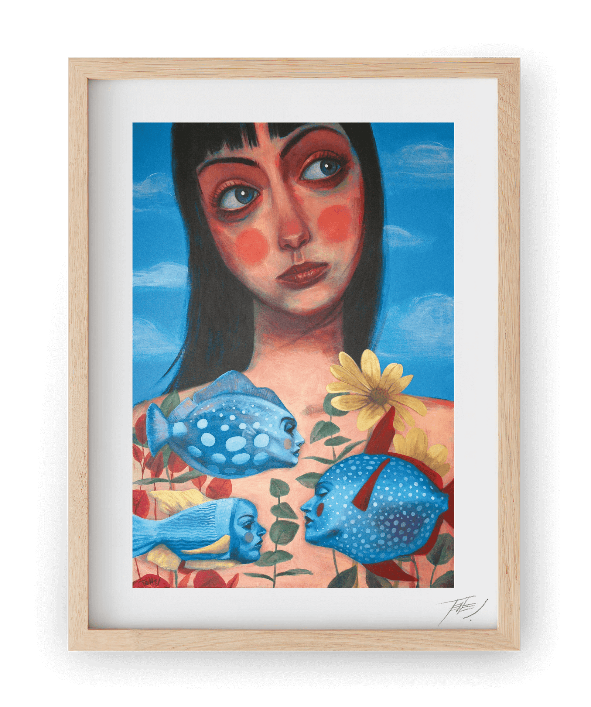 High-quality print of Morning, a figurative acrylic by Jaume Tenes, inspired by Monty Python's fishbowl scene from The Meaning of Life.