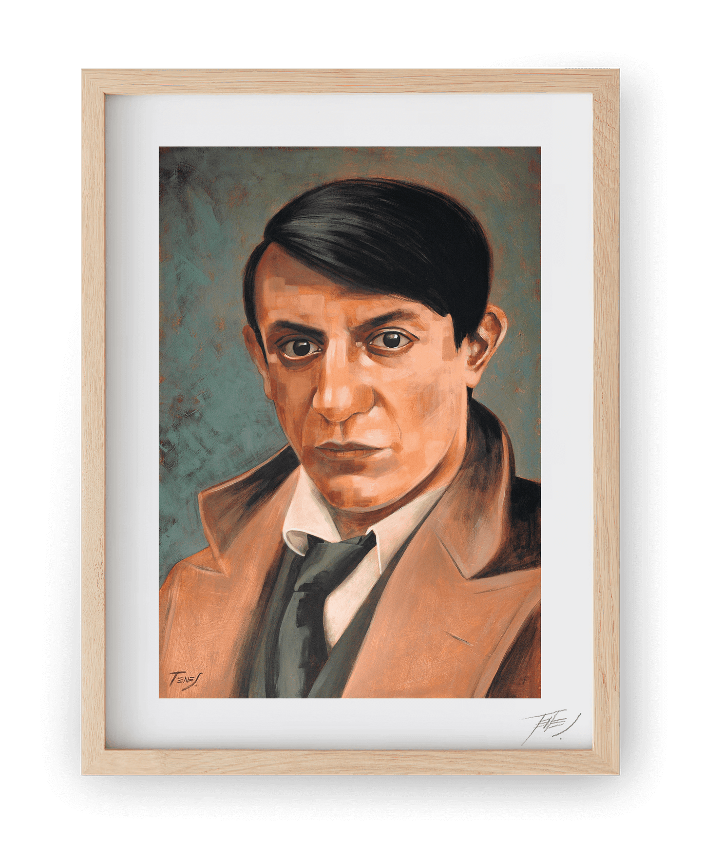 High quality print of Jaume Tenes’ figurative acrylic portrait of young Pablo Picasso, capturing the early spirit and intensity of the iconic artist.