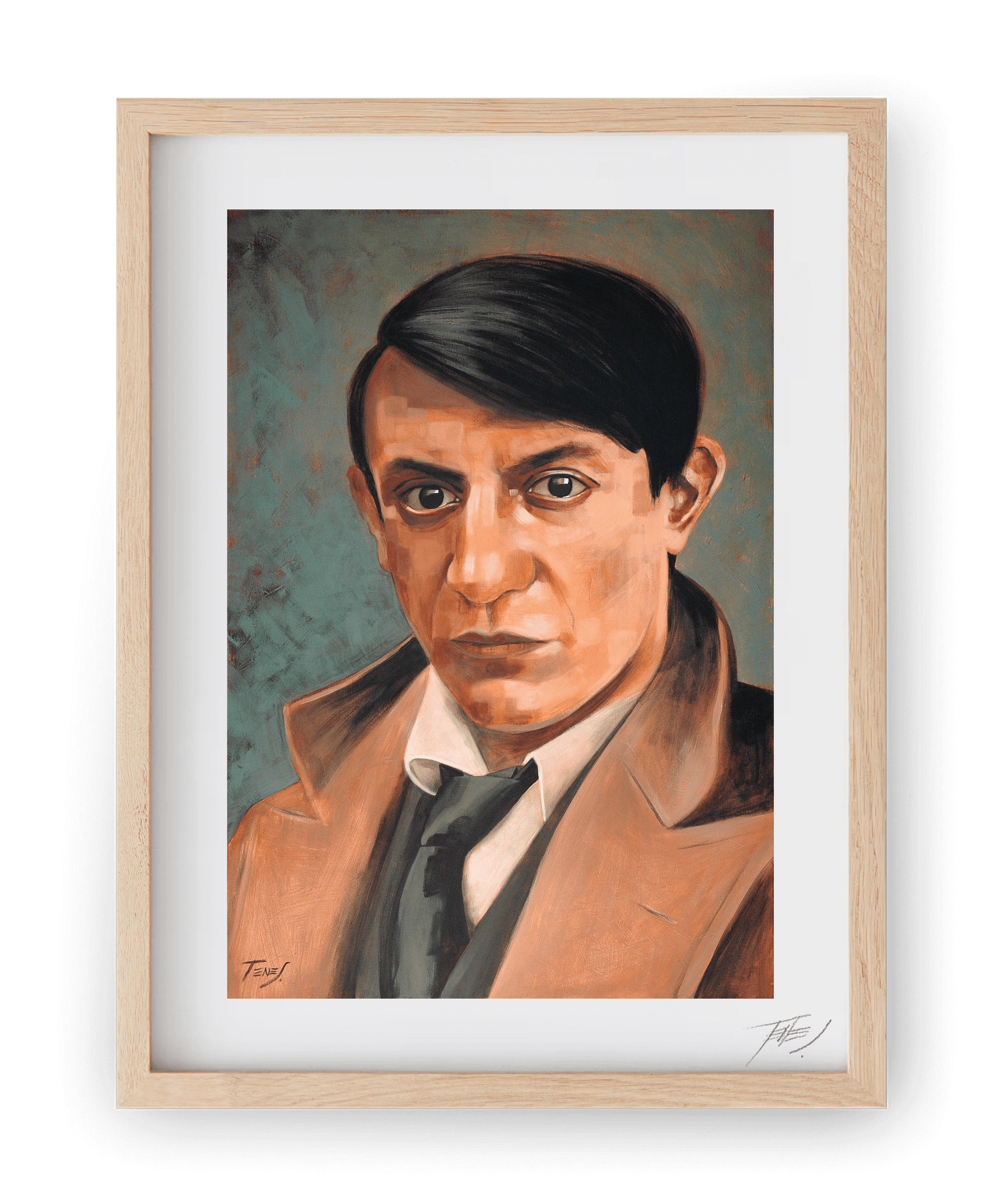 High quality print of Jaume Tenes’ figurative acrylic portrait of young Pablo Picasso, capturing the early spirit and intensity of the iconic artist.