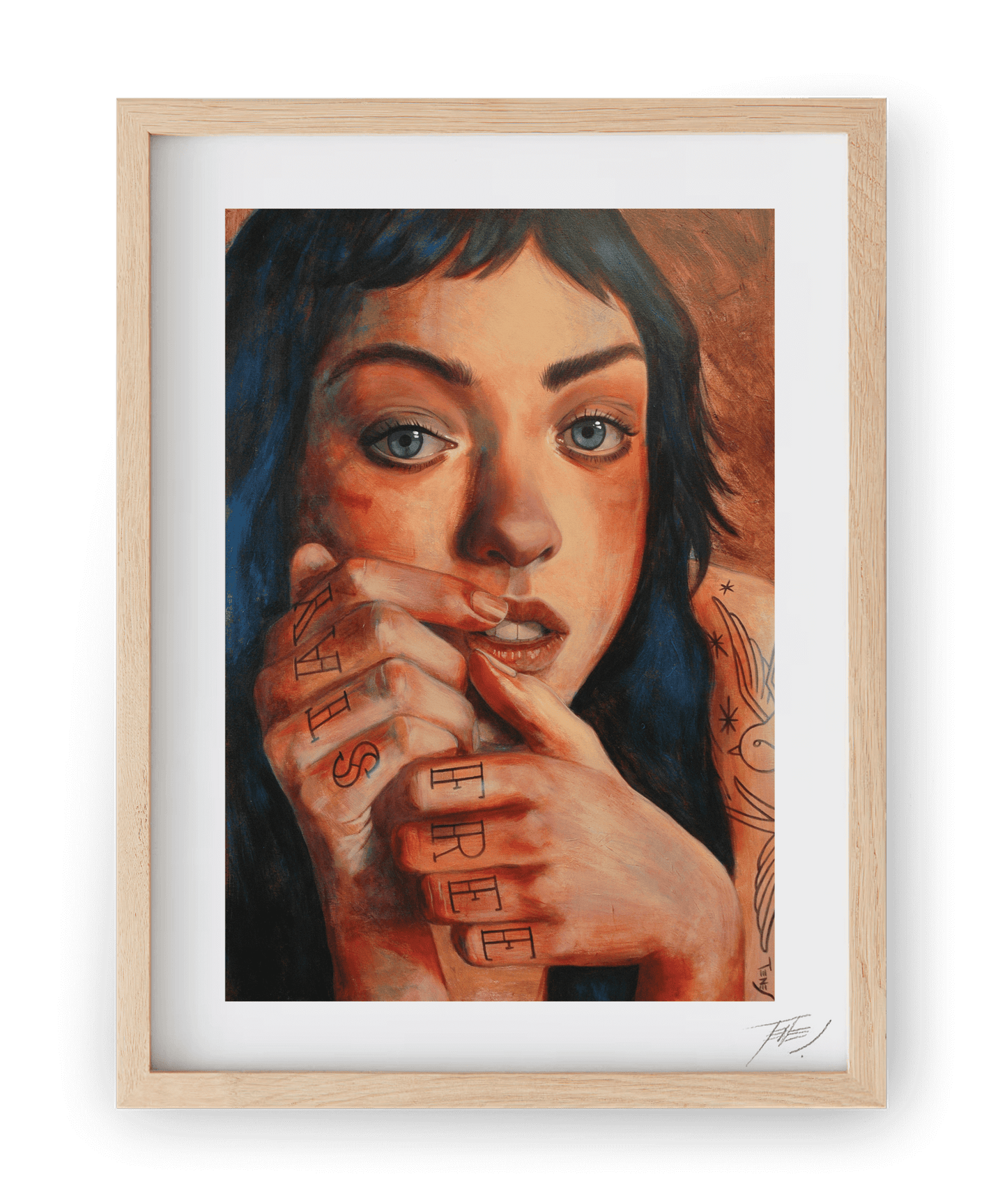 High quality print of 'Stay Free,' a figurative acrylic portrait by Jaume Tenes, with an intense gaze and tattooed fingers inviting silent dialogue.