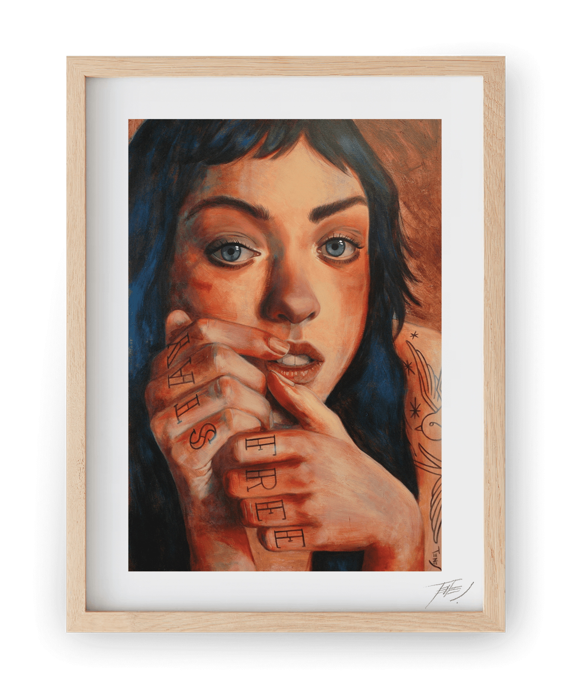 High quality print of 'Stay Free,' a figurative acrylic portrait by Jaume Tenes, with an intense gaze and tattooed fingers inviting silent dialogue.