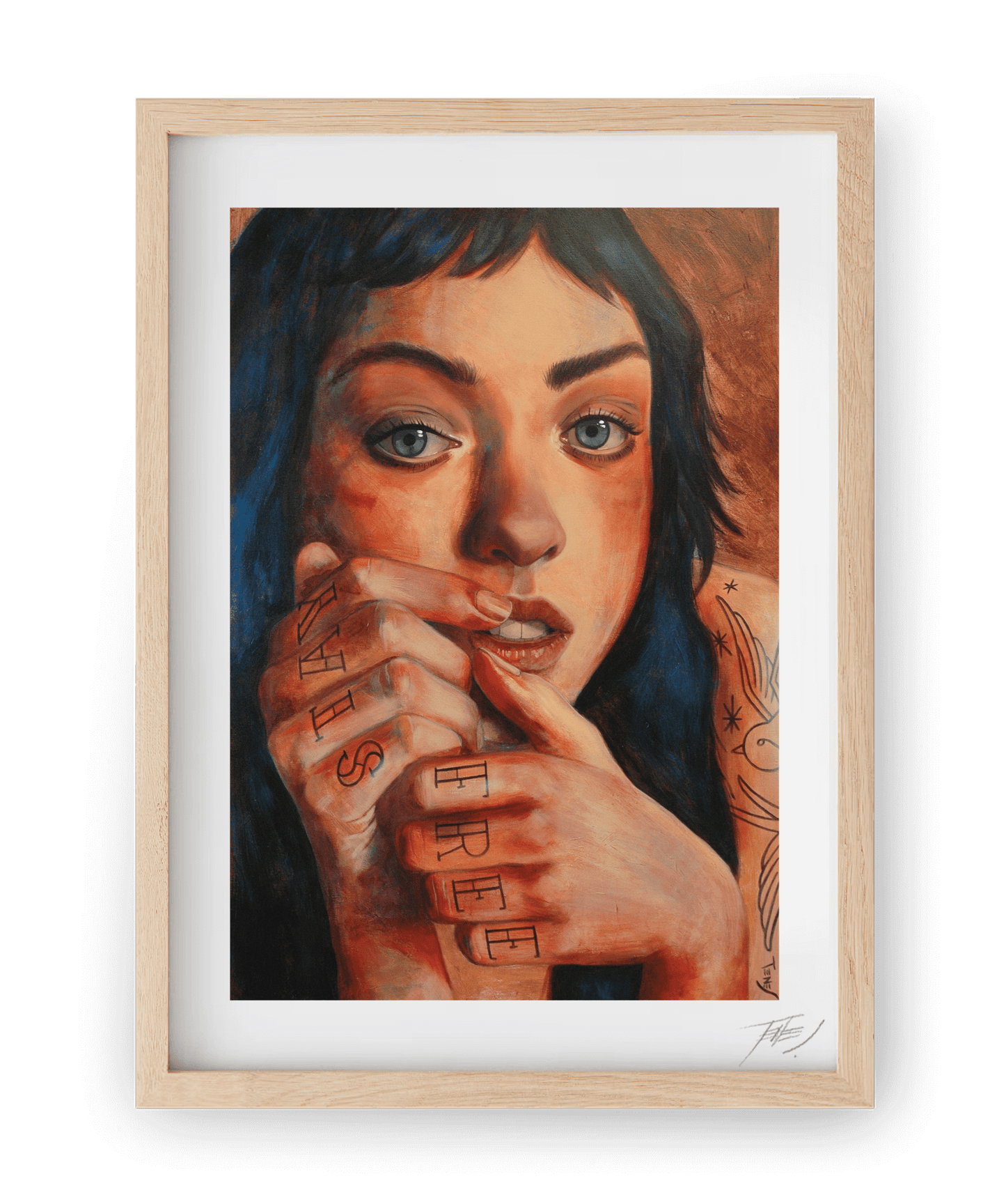 High quality print of 'Stay Free,' a figurative acrylic portrait by Jaume Tenes, with an intense gaze and tattooed fingers inviting silent dialogue.